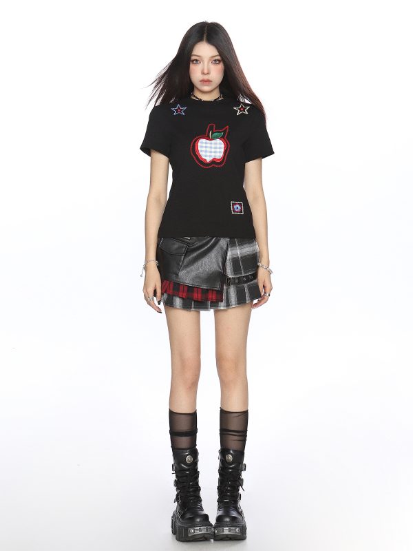 American-Style Small Apple Embroidered Short Sleeve T-Shirt for Women - Casual Summer Slimming Top, Versatile Lazy Style