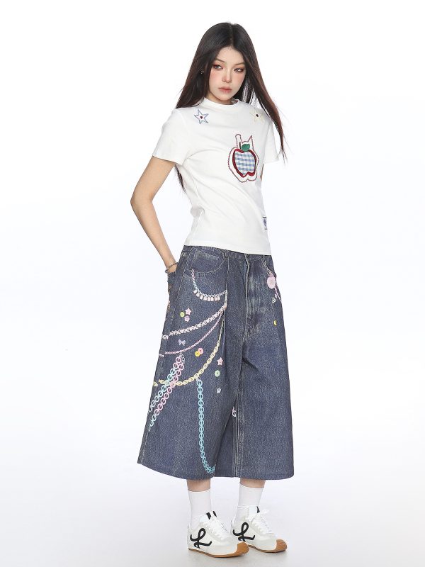 American-Style Small Apple Embroidered Short Sleeve T-Shirt for Women - Casual Summer Slimming Top, Versatile Lazy Style