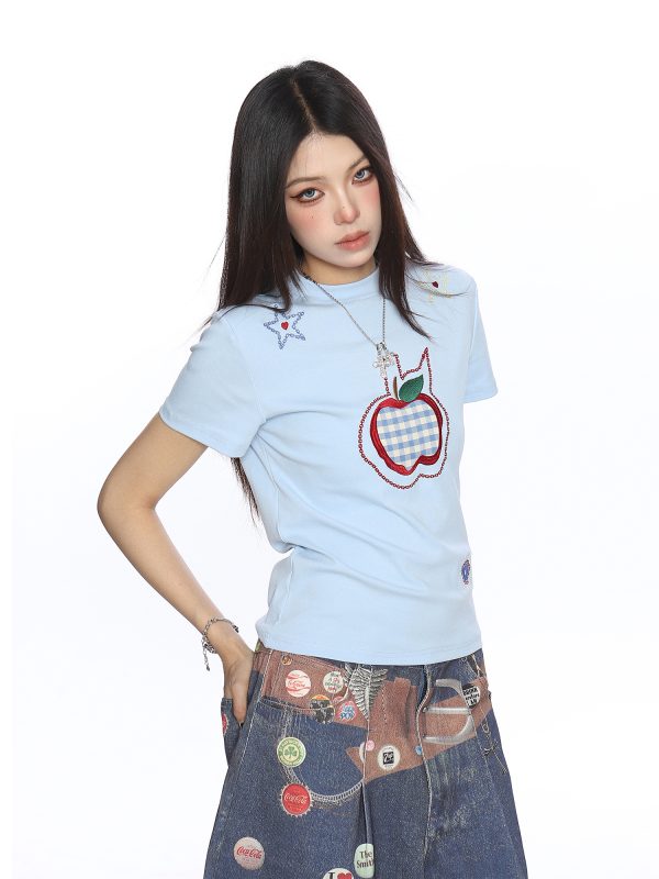 American-Style Small Apple Embroidered Short Sleeve T-Shirt for Women - Casual Summer Slimming Top, Versatile Lazy Style