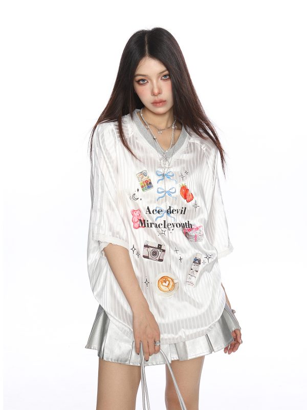 American V-Neck Lace-Trim Short Sleeve T-Shirt for Women - Summer Jersey Blokette Sports Top in Casual 90s Style