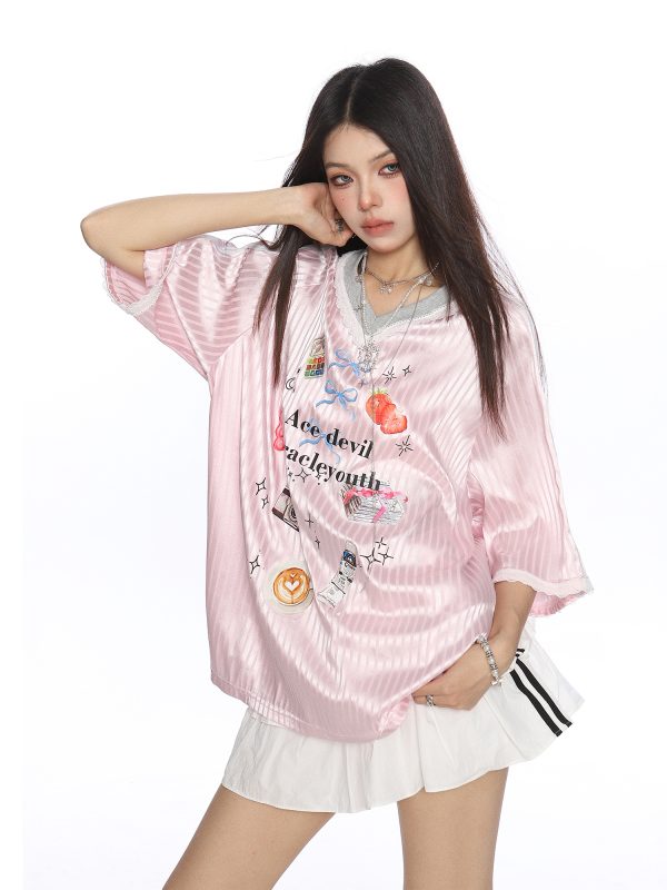 American V-Neck Lace-Trim Short Sleeve T-Shirt for Women - Summer Jersey Blokette Sports Top in Casual 90s Style