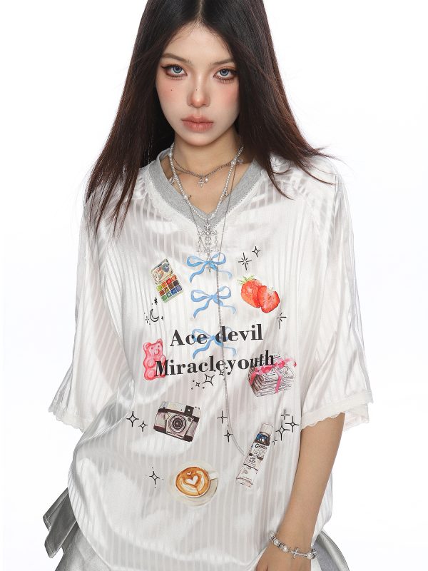 American V-Neck Lace-Trim Short Sleeve T-Shirt for Women - Summer Jersey Blokette Sports Top in Casual 90s Style