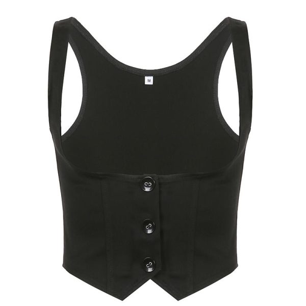 American Vintage Black Button Vest for Women - Versatile Waist-Defining Slim Top in Y2K Style