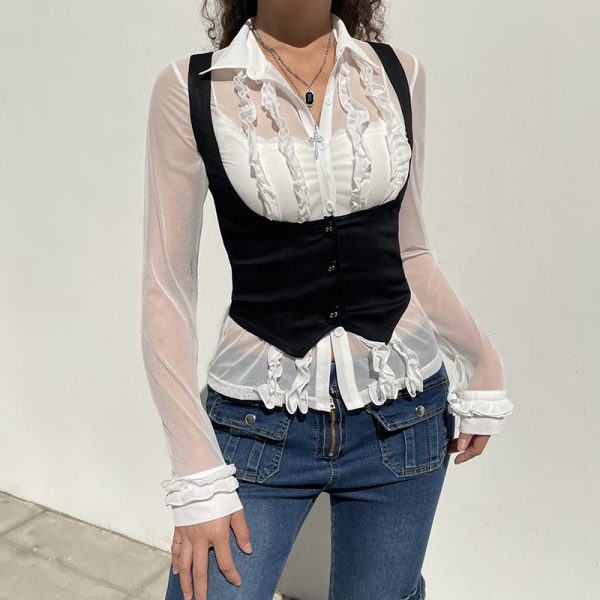 American Vintage Black Button Vest for Women - Versatile Waist-Defining Slim Top in Y2K Style