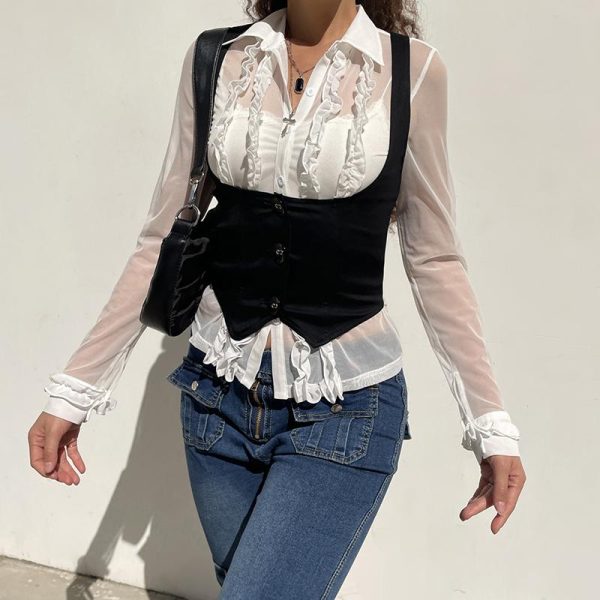 American Vintage Black Button Vest for Women - Versatile Waist-Defining Slim Top in Y2K Style