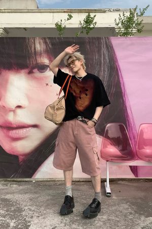 American Vintage Blurry Abstract Print Short Sleeve T-Shirt for Men and Women, Summer Loose Fit, 90s Inspired Versatile Top