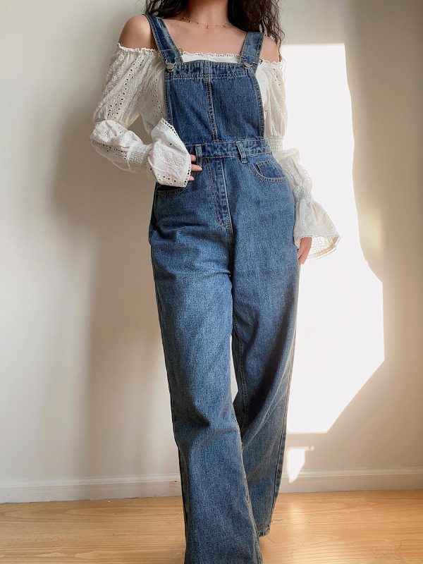 American Vintage Casual Loose Fit Suspender Straight Leg Jeans for Women - Versatile Vintage Style Pants
