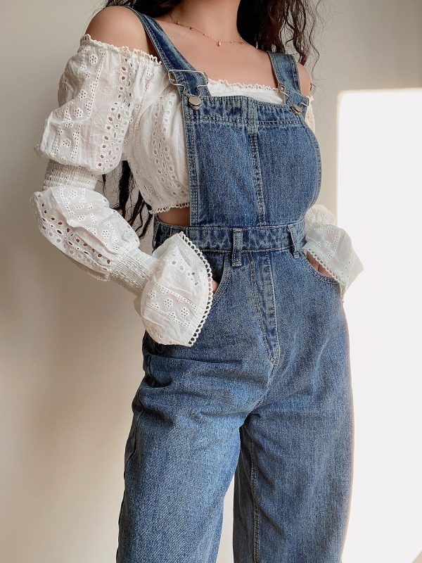 American Vintage Casual Loose Fit Suspender Straight Leg Jeans for Women - Versatile Vintage Style Pants