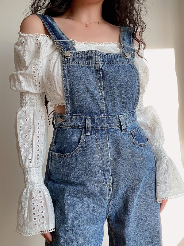 American Vintage Casual Loose Fit Suspender Straight Leg Jeans for Women - Versatile Vintage Style Pants