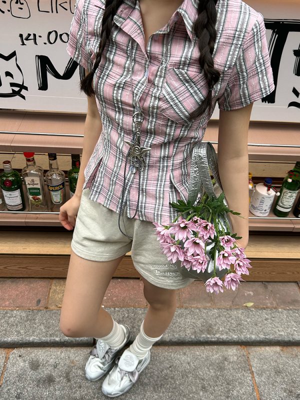 American Vintage College Style Women's Plaid Shoulder-Button Slim Fit Polo Shirt - Y2K Inspired Fashion Top