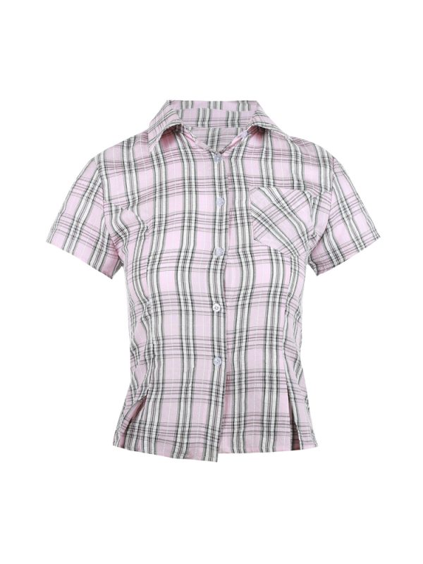 American Vintage College Style Women's Plaid Shoulder-Button Slim Fit Polo Shirt - Y2K Inspired Fashion Top