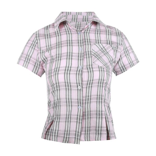 American Vintage College Style Women's Plaid Shoulder-Button Slim Fit Polo Shirt - Y2K Inspired Fashion Top