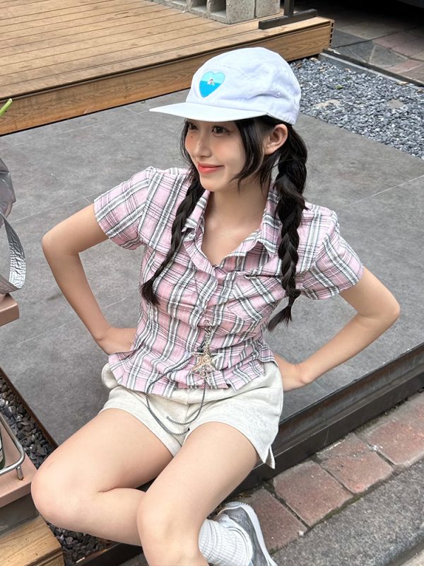 American Vintage College Style Women's Plaid Shoulder-Button Slim Fit Polo Shirt - Y2K Inspired Fashion Top