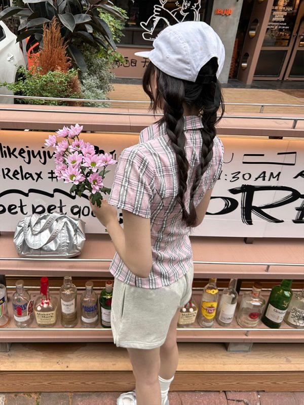 American Vintage College Style Women's Plaid Shoulder-Button Slim Fit Polo Shirt - Y2K Inspired Fashion Top