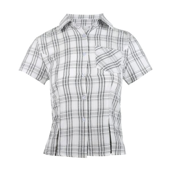 American Vintage College Style Women's Plaid Shoulder-Button Slim Fit Polo Shirt - Y2K Inspired Fashion Top