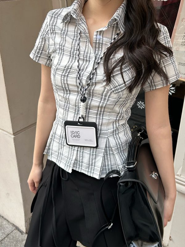 American Vintage College Style Women's Plaid Shoulder-Button Slim Fit Polo Shirt - Y2K Inspired Fashion Top