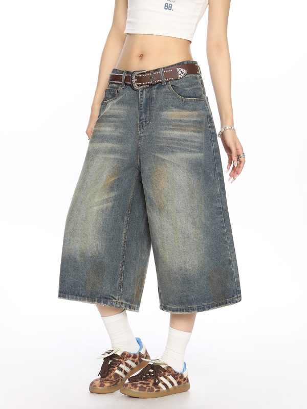 American Vintage Dirty Dyed Denim Shorts for Women - Summer Loose Straight Wide-Leg Cropped Style