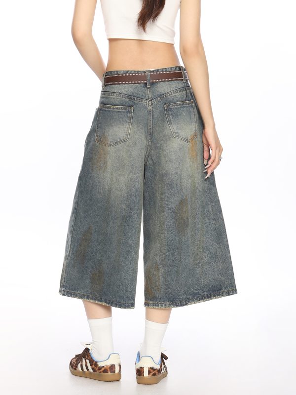 American Vintage Dirty Dyed Denim Shorts for Women - Summer Loose Straight Wide-Leg Cropped Style