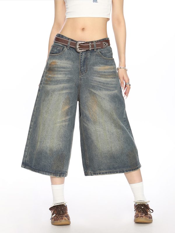 American Vintage Dirty Dyed Denim Shorts for Women - Summer Loose Straight Wide-Leg Cropped Style