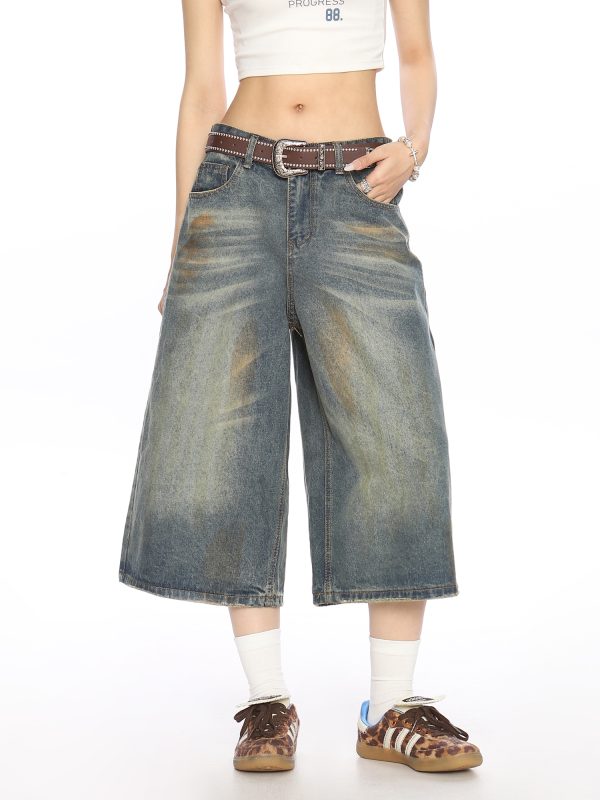 American Vintage Dirty Dyed Denim Shorts for Women - Summer Loose Straight Wide-Leg Cropped Style