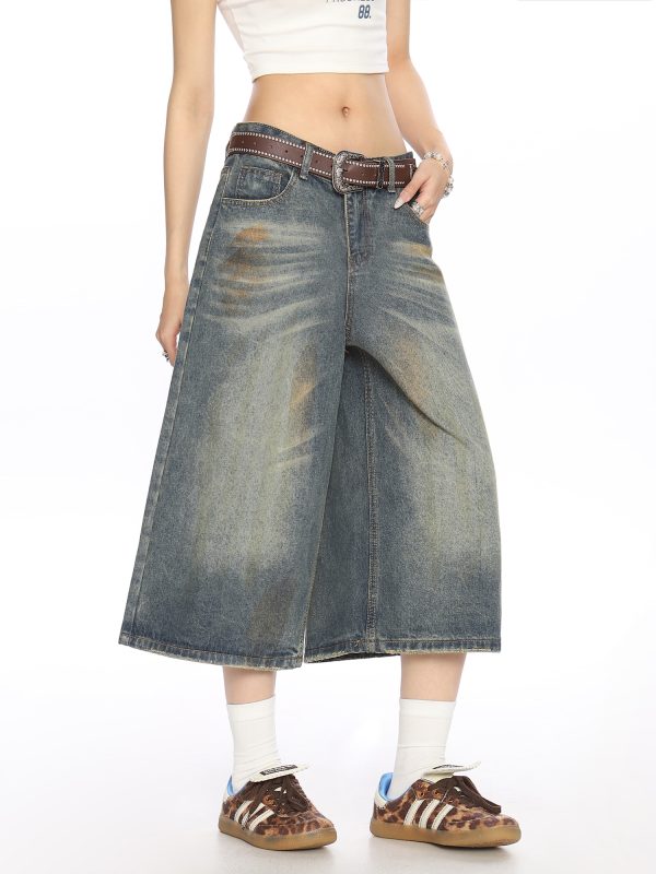 American Vintage Dirty Dyed Denim Shorts for Women - Summer Loose Straight Wide-Leg Cropped Style