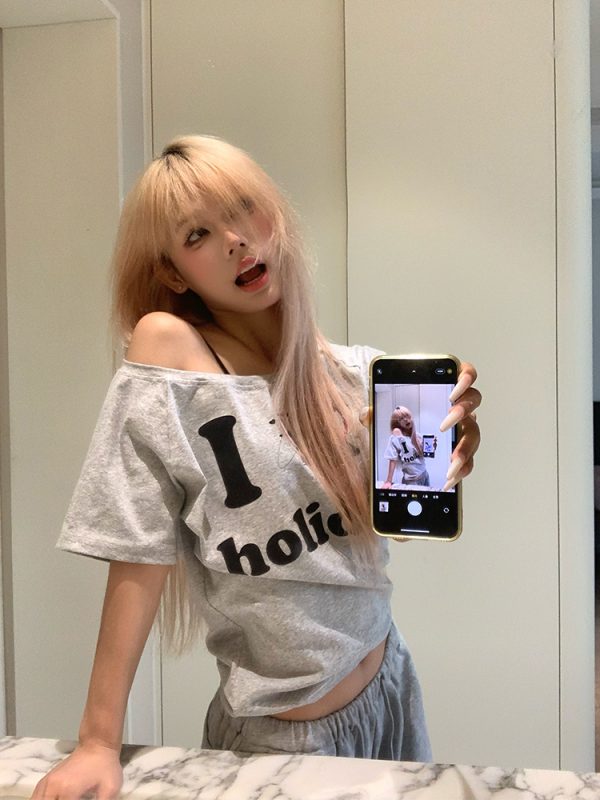 American Vintage Dog Heart Letter Print Asymmetrical Shoulder Short Sleeve T-Shirt - Versatile Summer Style
