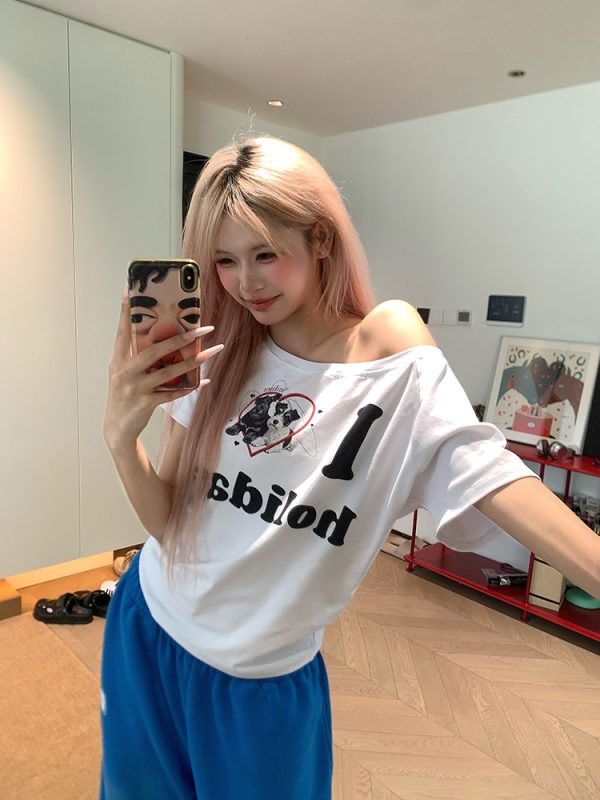 American Vintage Dog Heart Letter Print Asymmetrical Shoulder Short Sleeve T-Shirt - Versatile Summer Style