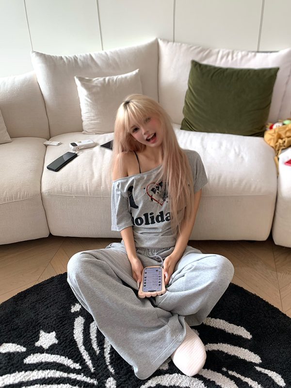 American Vintage Dog Heart Letter Print Asymmetrical Shoulder Short Sleeve T-Shirt - Versatile Summer Style