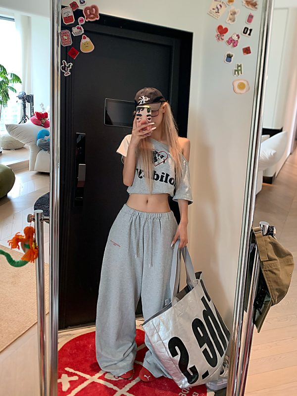American Vintage Dog Heart Letter Print Asymmetrical Shoulder Short Sleeve T-Shirt - Versatile Summer Style