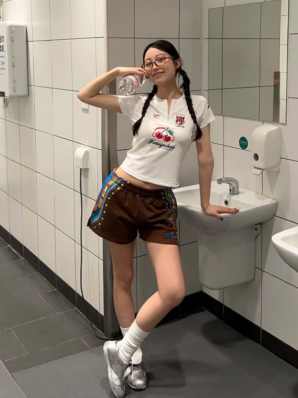 American Vintage Embroidered Ethnic Style Casual Shorts for Women - Slim Fit, Side Print, Trendy INS Look