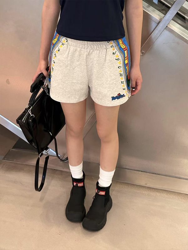 American Vintage Embroidered Ethnic Style Casual Shorts for Women - Slim Fit, Side Print, Trendy INS Look