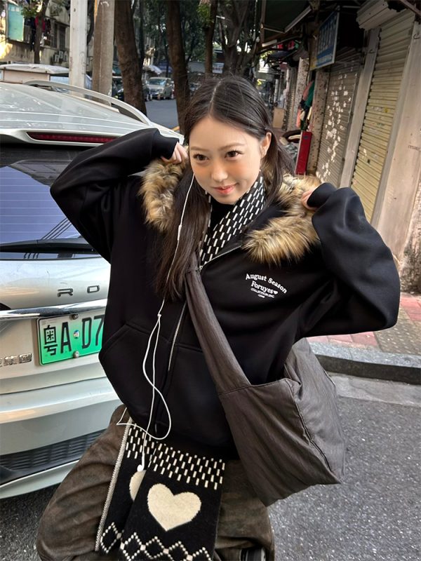 American Vintage Fur Collar Fleece Lined Hooded Sweatshirt for Couples - Retro 90s Style Jacket