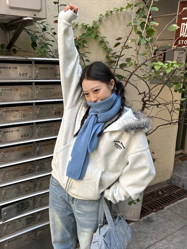American Vintage Fur Collar Fleece Lined Hooded Sweatshirt for Couples - Retro 90s Style Jacket