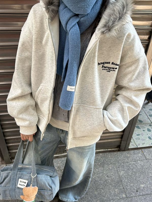 American Vintage Fur Collar Fleece Lined Hooded Sweatshirt for Couples - Retro 90s Style Jacket