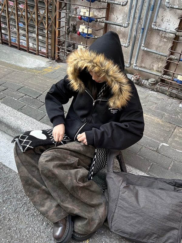 American Vintage Fur Collar Fleece Lined Hooded Sweatshirt for Couples - Retro 90s Style Jacket