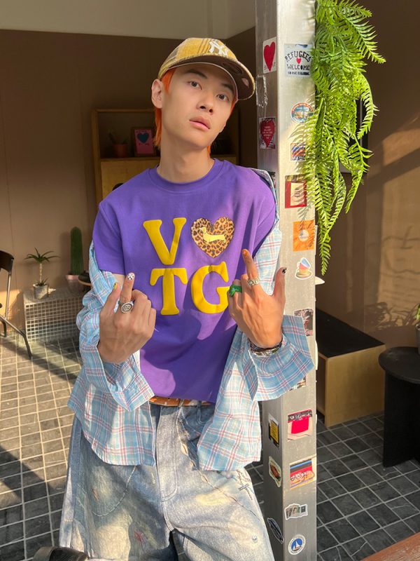 American Vintage Heart Letter Print Short Sleeve T-Shirt for Men and Women - Casual Loose Fit, 2025 Spring/Summer Style