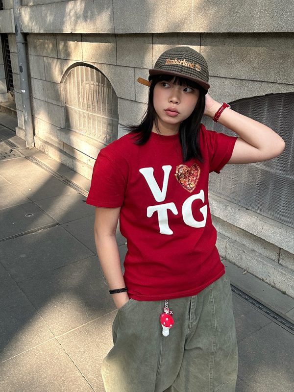 American Vintage Heart Letter Print Short Sleeve T-Shirt for Men and Women - Casual Loose Fit, 2025 Spring/Summer Style
