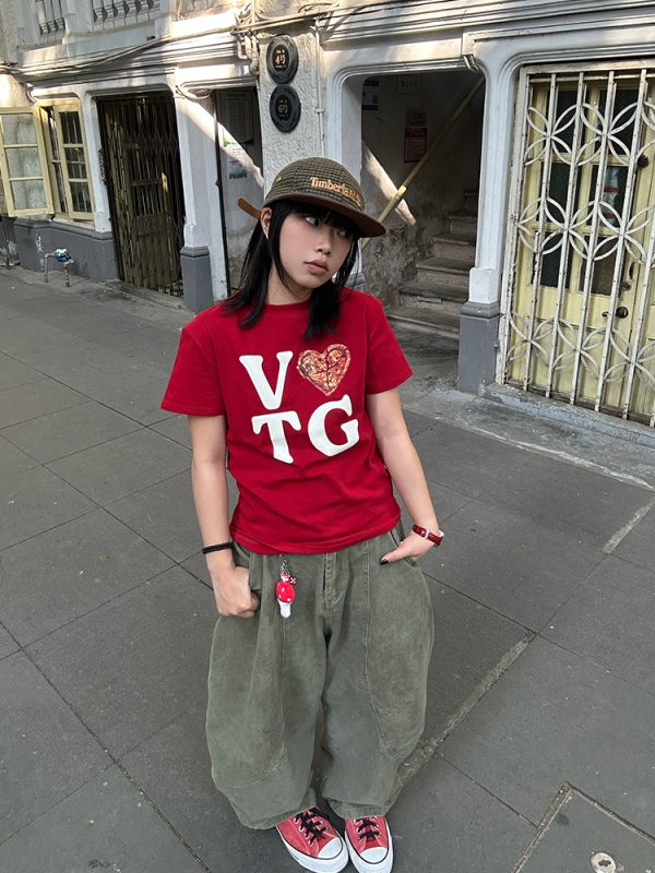 American Vintage Heart Letter Print Short Sleeve T-Shirt for Men and Women - Casual Loose Fit, 2025 Spring/Summer Style