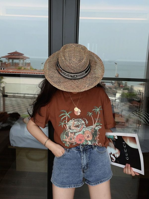 American Vintage Island Vacation Round Neck Printed T-Shirt - Short Sleeve Slim Fit Top for 2024 Spring/Summer Style