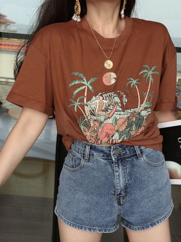 American Vintage Island Vacation Round Neck Printed T-Shirt - Short Sleeve Slim Fit Top for 2024 Spring/Summer Style