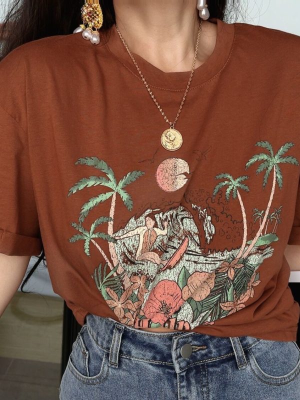 American Vintage Island Vacation Round Neck Printed T-Shirt - Short Sleeve Slim Fit Top for 2024 Spring/Summer Style