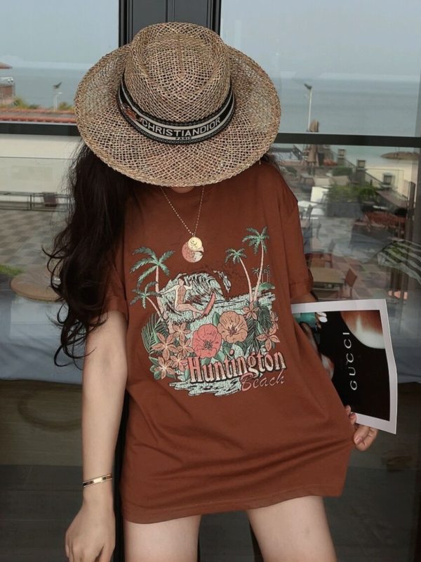 American Vintage Island Vacation Round Neck Printed T-Shirt - Short Sleeve Slim Fit Top for 2024 Spring/Summer Style