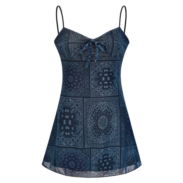 American Vintage Lace-Up Mesh Printed Camisole Dress - Women's Slim A-Line Short Skirt, Y2K Style