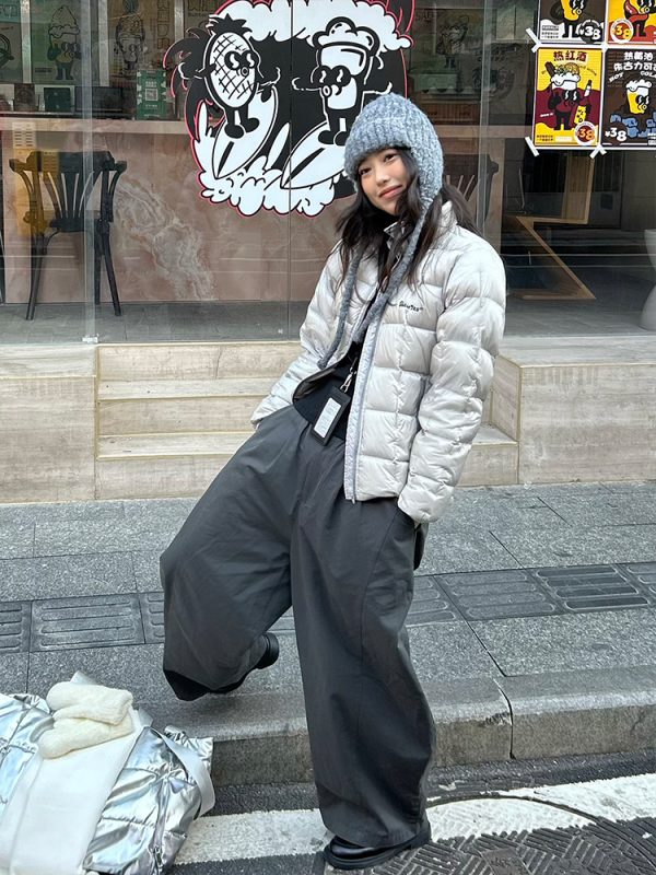 American Vintage Lightweight Duck Down Jacket with Stand Collar and Letter Embroidery - Retro Style Outerwear for 90s Fashion