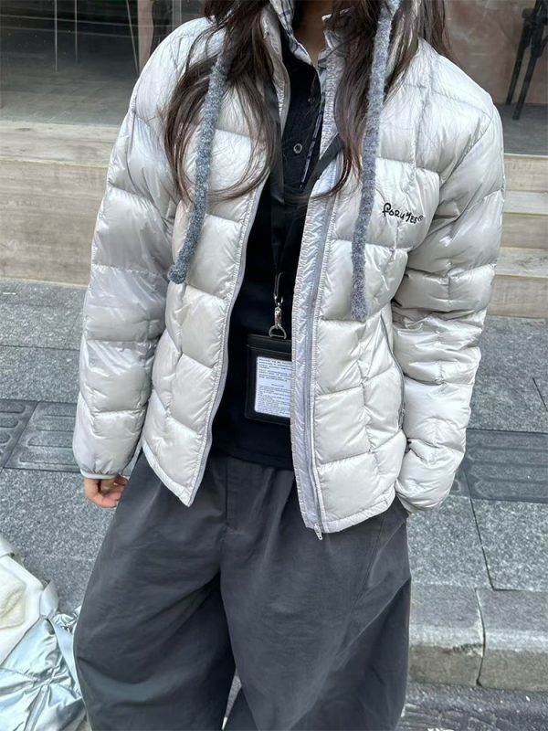 American Vintage Lightweight Duck Down Jacket with Stand Collar and Letter Embroidery - Retro Style Outerwear for 90s Fashion