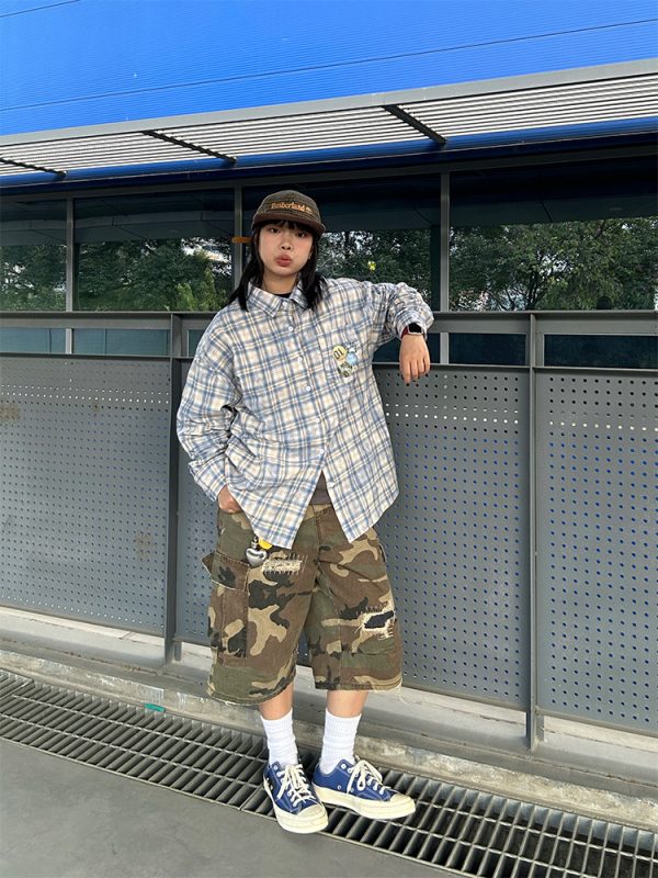 American Vintage Patchwork Distressed Camouflage Three-Quarter Pants for Men and Women - Loose Casual Straight Fit for Spring 2025