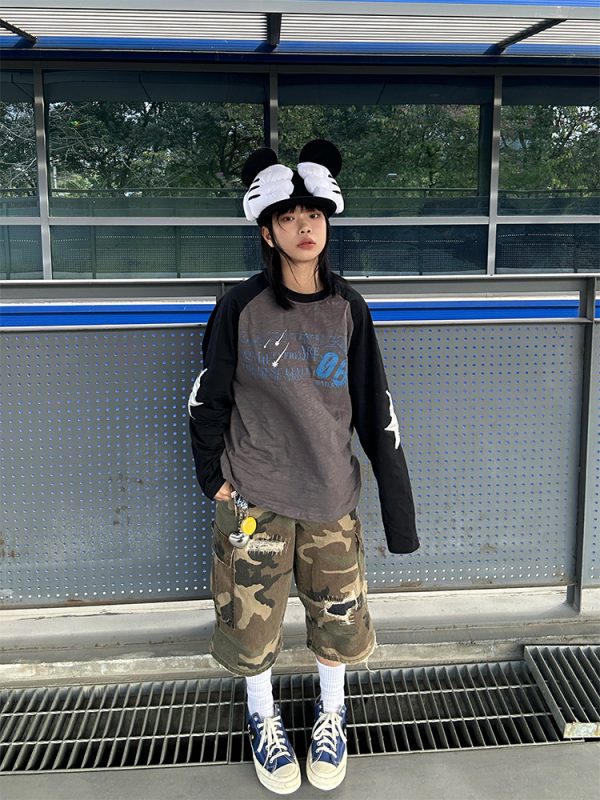 American Vintage Patchwork Distressed Camouflage Three-Quarter Pants for Men and Women - Loose Casual Straight Fit for Spring 2025
