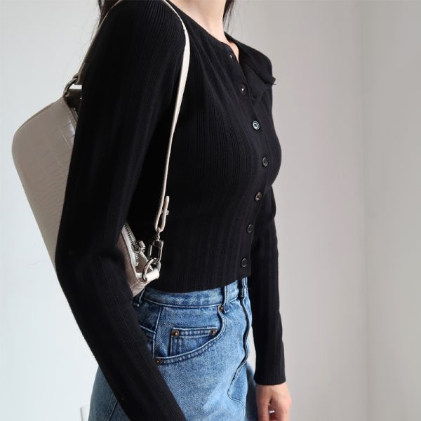 American Vintage Ribbed Knit Cardigan - Small Round Neck, Single-Breasted, Long Sleeve, Loose-Fitting, High-Waisted, Tie-Button Style