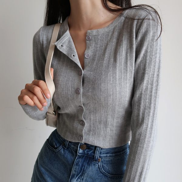 American Vintage Ribbed Knit Cardigan - Small Round Neck, Single-Breasted, Long Sleeve, Loose-Fitting, High-Waisted, Tie-Button Style