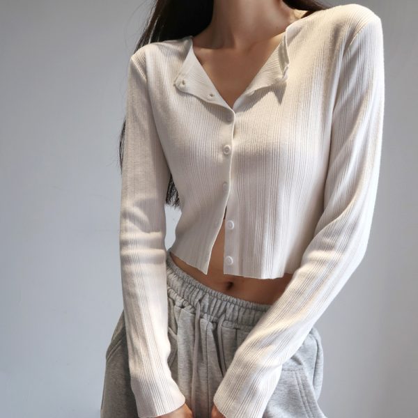 American Vintage Ribbed Knit Cardigan - Small Round Neck, Single-Breasted, Long Sleeve, Loose-Fitting, High-Waisted, Tie-Button Style